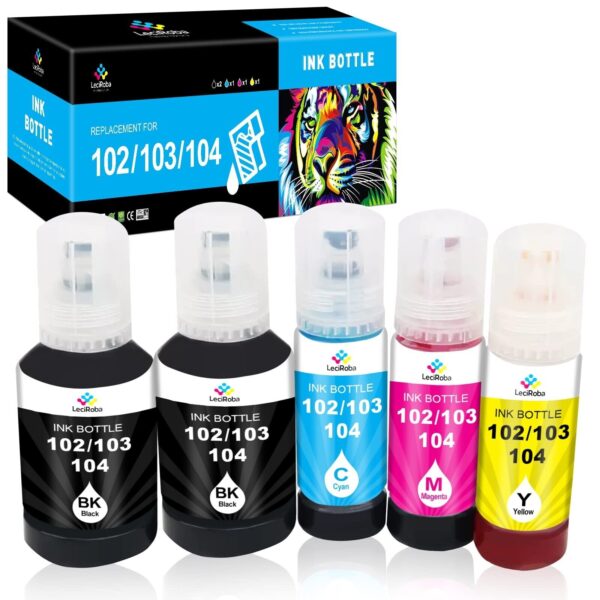 5-Pack 104 LeciRoba Ink Bottles for Epson ET-2710 ET-2720 ET-2810 Printers