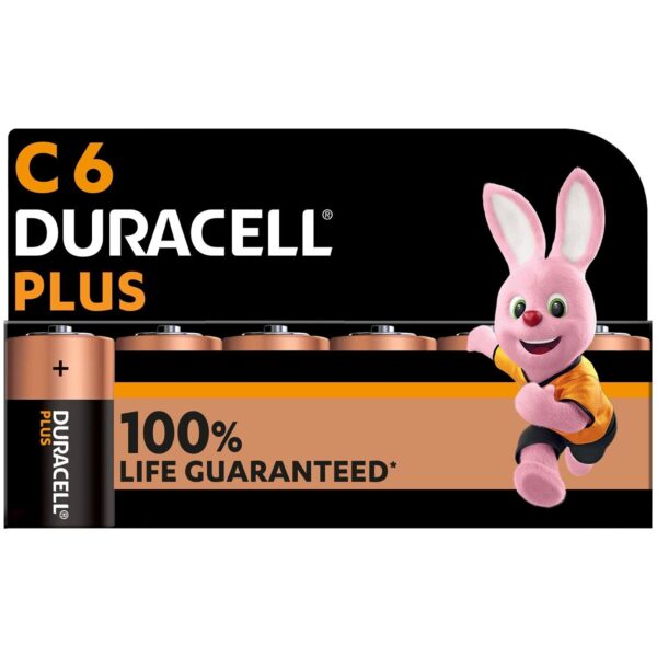 6-Pack Duracell Plus C6, Alkaline 1.5V, 10‑yr Shelf, MN1400 100% Life Guarantee