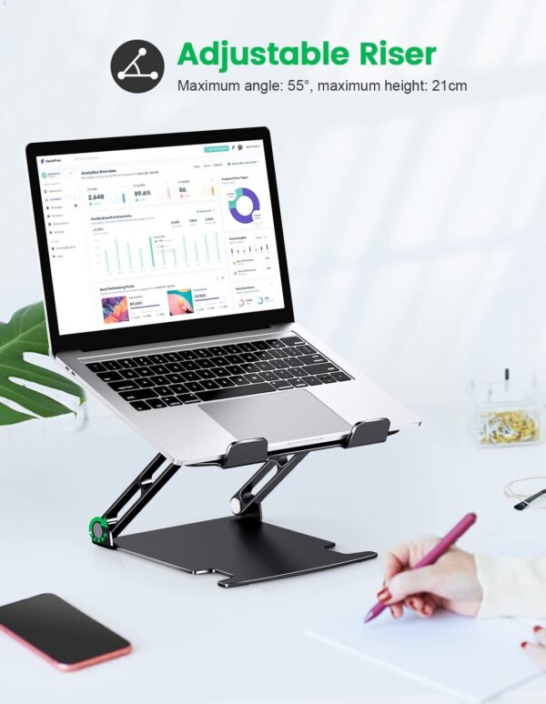 Glangeh Aluminum Dual-Axis Laptop Stand, Adjustable & Ventilated Riser, Black - Image 2